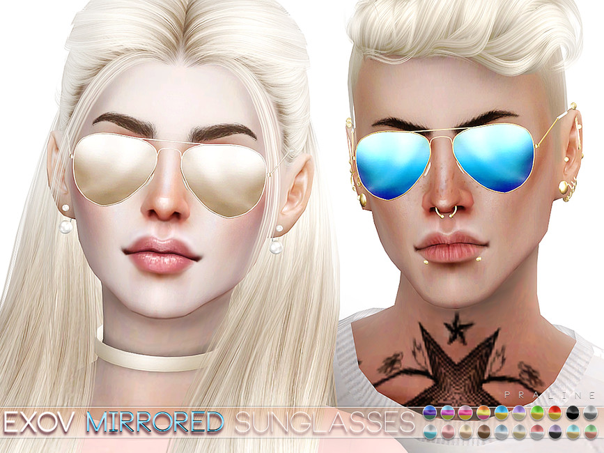 Two sims with bleach blonde hair who have brown eyebrows. They are both wearing a pair of aviator style sunglasses with mirror lenses. 