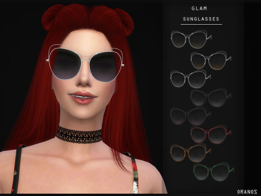 A sim with red hair wearing a choker. They are wearing a pair of sunglasses that are large. 