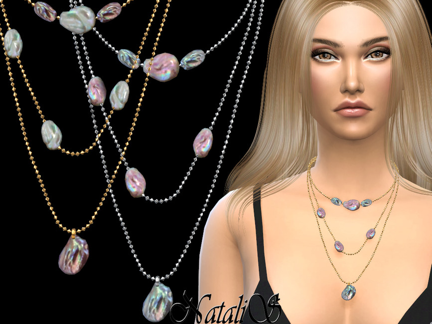 A sim from The Sims 4 who has long blonde hair and light brown eyes. They are wearing a black tank top with a low neckline and a layered necklace with small gems. 