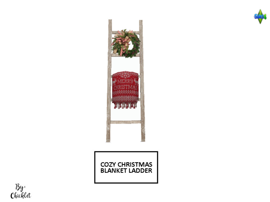 A white background with a blanket ladder on top. The ladder has a wreath on the top and a blanket draped over the bottom rung. 