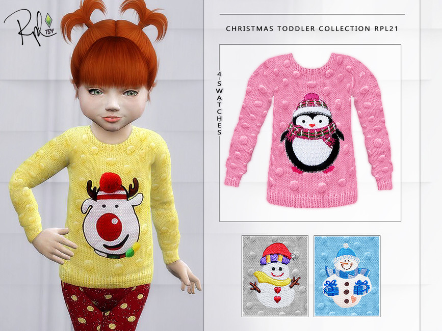 A toddler from The Sims 4 with red hair. She is wearing a yellow knitted sweater that has a reindeer on it. 
