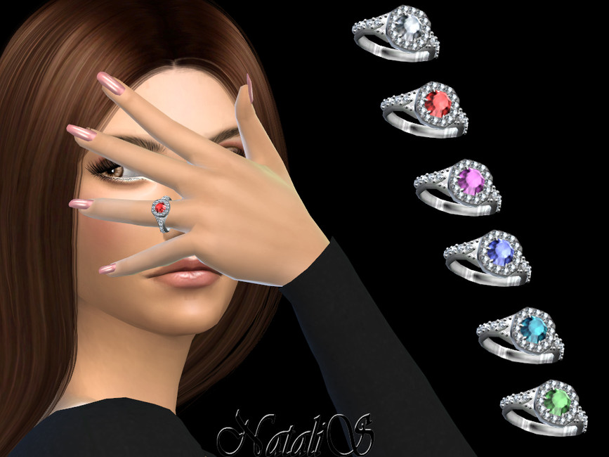 A sim who has their hand in front of their face to show off their ring. They are wearing a ring with a red gem in the middle with diamonds in a halo around it. 