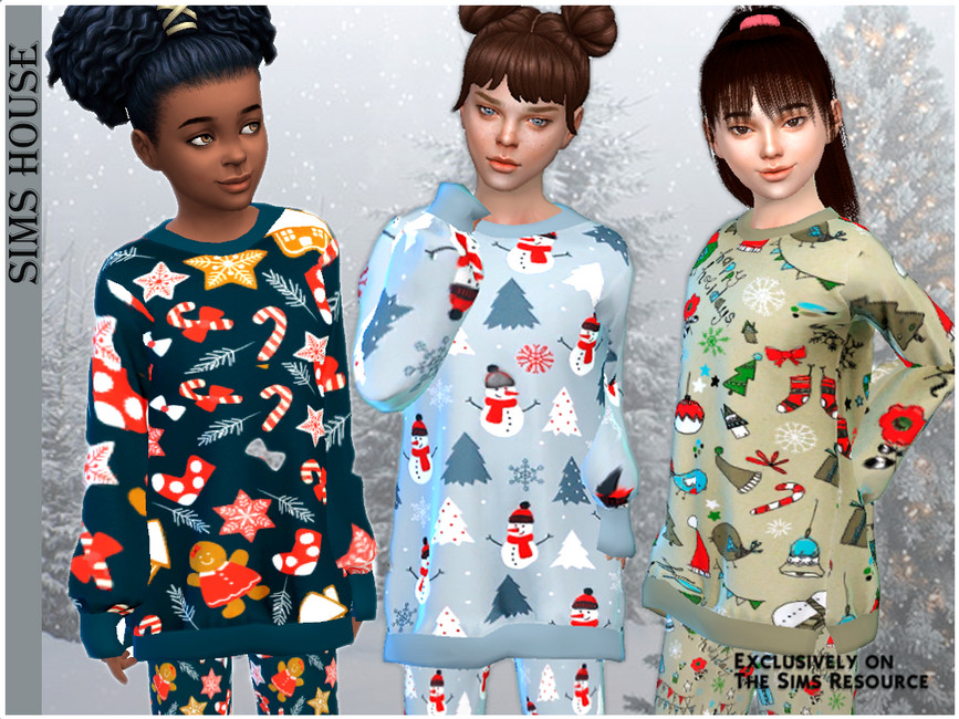 Three female children from The Sims 4. These sims are wearing Christmas pajamas tops. These tops are long sleeve and baggy, with things like candy canes, snow men, stockings and trees on them. 