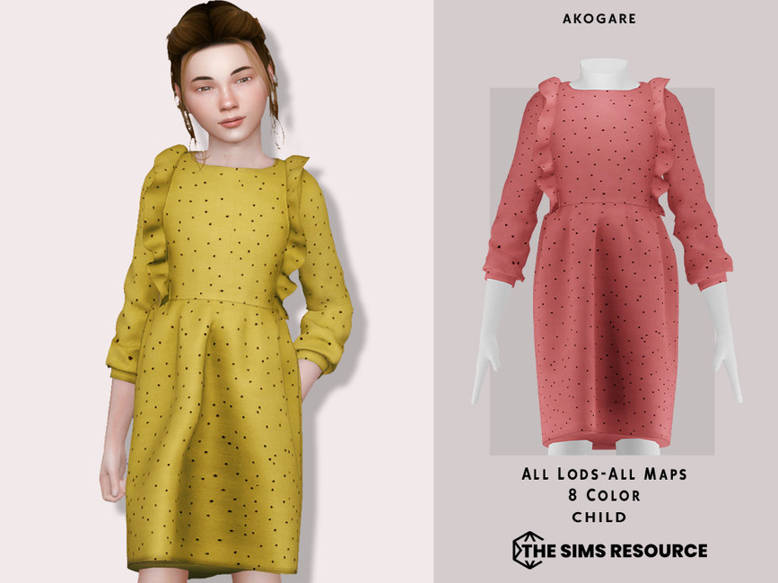 A sim who is wearing a 3/4 length sleeve dress with polka dots all over and a bit of ruffles around the arm. 
