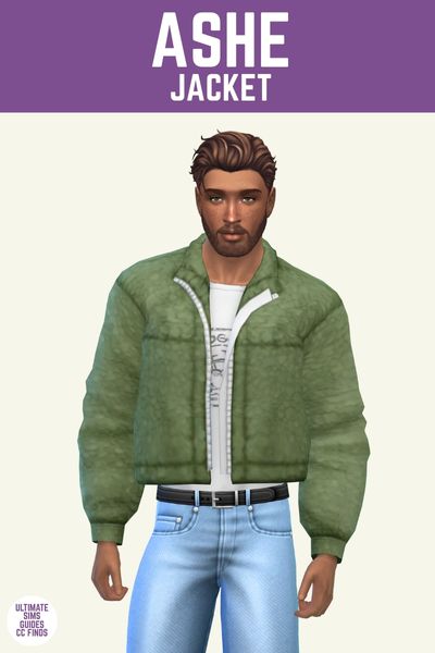 This image has a purple bar at the top with white text that says "ashe jacket" and below is a male sim posed. They are wearing a green sherpa jacket with a white shirt underneath and blue jeans. 