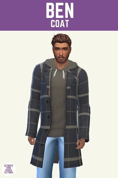This image has a purple bar at the top with white text that says "Ben Coat" and below is a male sim. The sim is wearing blue jeans, a grey hoodie and a plaid coat on top. 