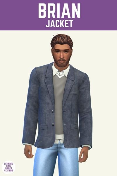 This image has a purple bar at the top with white text that says "Brian Jacket" and below is a male sim with brown hair. They are wearing a button down shirt under a sweater under a suede jacket with blue jeans. 