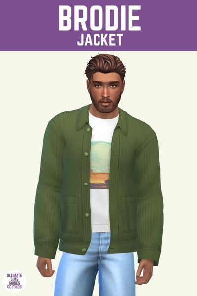 This image has a purple bar at the top with white text that says "Brodie Jacket" and below is a male sim. They have brown hair, a white graphic t-shirt and a ribbed jacket on top. 