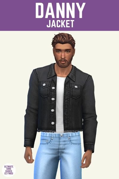 This image has a purple bar at the top with white text that says "Danny Jacket" and below is a male sim. The sim has brown hair, light blue jeans and a black denim jacket over a white top. 