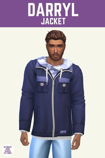 This image has a purple bar at the top with white text that says "Darryl Jacket" and below is a male sim. The sim has brown hair, blue jeans and a navy blue jacket over a hoodie. 