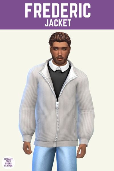 This image has a purple bar at the top with white text that says "Frederic Jacket" and below a sim is wearing blue jeans, a black sweater with a ribbed white texture on top. 