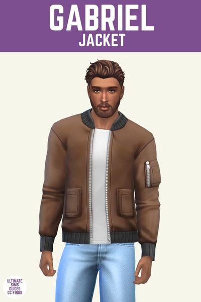 This image has a purple bar at the top with white text that says "Gabriel Jacket" and below is a male sim. The sim has brown hair, blue jeans and a white t-shirt with a brown and black bomber jacket on top. 