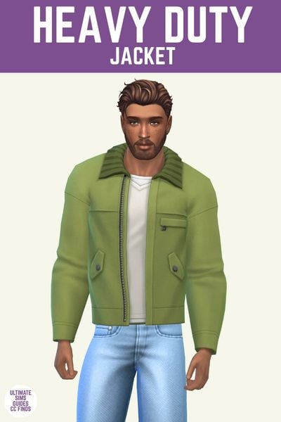 This image has a purple bar at the top with white text that says "heavy duty jacket" and below is a male sim. This sim has brown hair, blue jeans and is wearing a white v-neck shirt under a green jacket. 