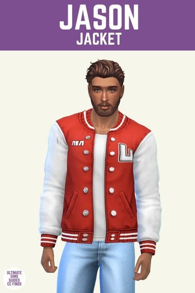 This image has a purple bar at the top with white text that says "Jason Jacket" and below is a male sim posed with brown hair, blue jeans and a red and white letterman style jacket 