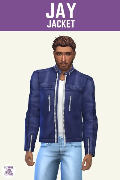 This image has a purple bar at the top with white text that says "Jay Jacket" and below is a male sim. They are posed with brown hair, blue jeans, and a navy blue leather jacket with silver zippers 