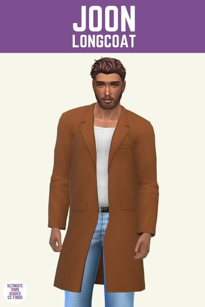 This image has a purple bar at the top with white text that says "Joon Longcoat" and below is a sim posing. They are wearing blue jeans, a white shirt and a brown jacket on top 