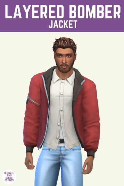 This image has a purple bar at the top with white text that says "Layered Bomber Jacket" and below is a male sim posed. This sim is wearing a button down shirt under a red bomber jacket. 
