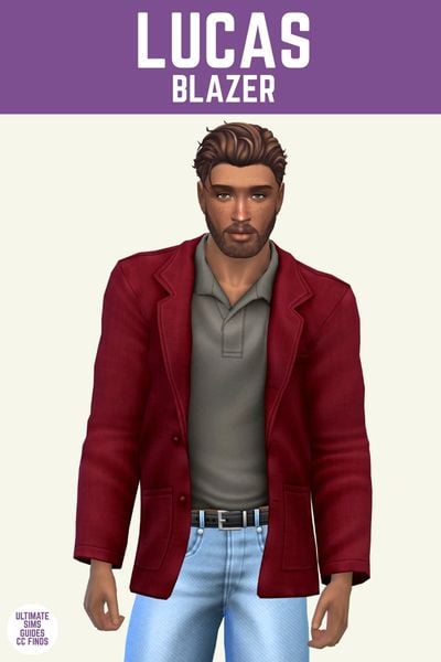 This image has a purple bar at the top with white text that says "Lucas Blazer" and below is a male sim with brown hair. They are wearing a red blazer over a grey polo shirt and blue jeans. 