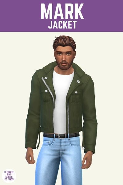 This image has a purple bar at the top with white text that says "Mark Jacket" and below is a sim. The male sim has brown hair, blue jeans, a white t-shirt and a green jacket. 