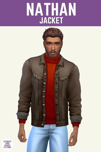 This image has a purple bar at the top with white text that says "Nathan Jacket" and below is a brown haired male sim. The sim is wearing a red sweater under a brown denim jacket. 