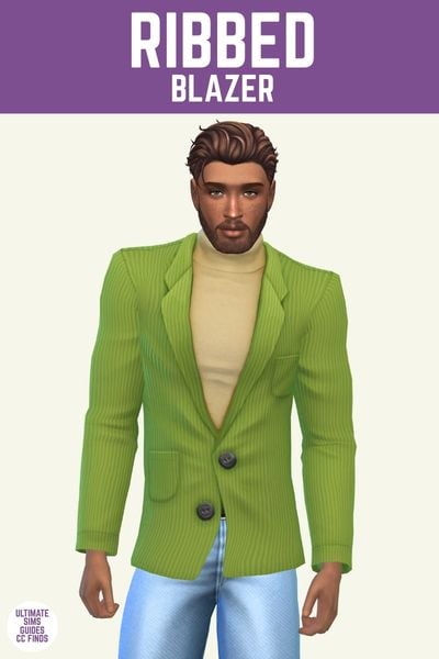 This image has a purple bar at the top with white text that says "Ribbed Blazer" and below is a male sim. They are wearing light blue jeans, a yellow turtleneck and a ribbed green jacket. 