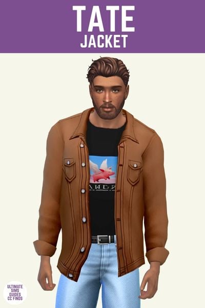 This image has a purple bar at the top with white text that says "Tate Jacket" and below is a sim. They are wearing blue jeans, a black t-shirt with a pig design and a brown overcoat. 