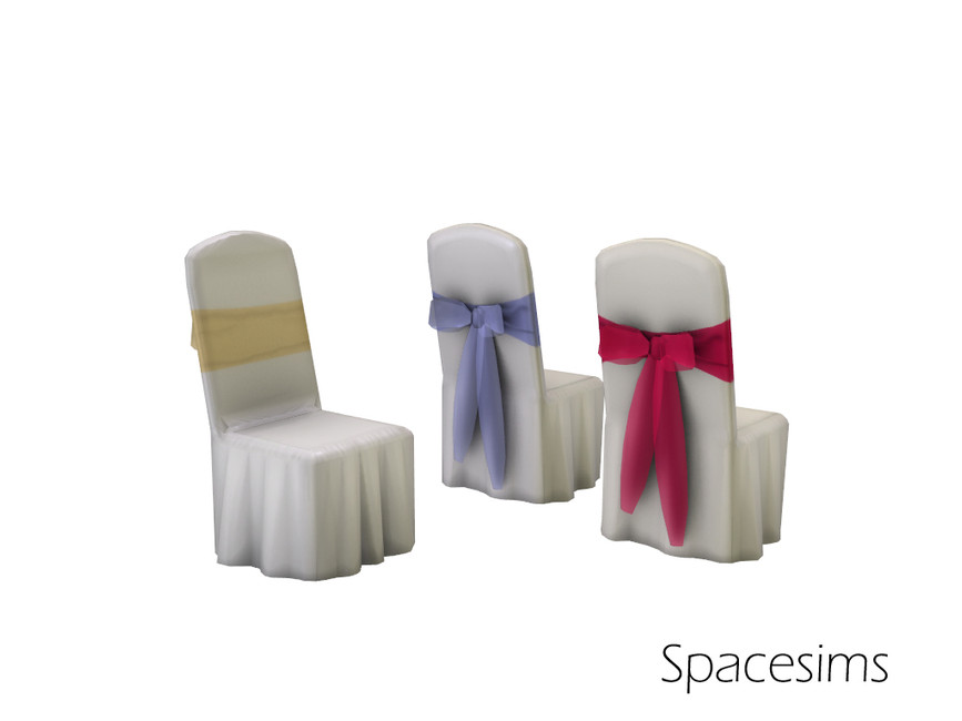 Three white chairs with fabric on them and a ribbon going from the front to a bow in the back. 