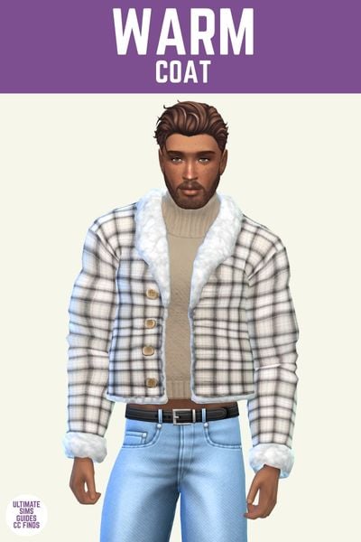 This image has a purple bar at the top with white text that says "Warm Coat" and below is a male sim. The sim has brown hair and a beard and is wearing a beige sweater with a plaid sherpa lined jacket on top and blue jeans. 