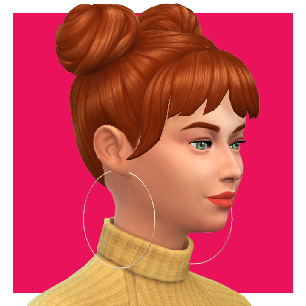 A sim with red hair and a yellow sweater. They are wearing very large hoop earrings that go down to their shoulders. 