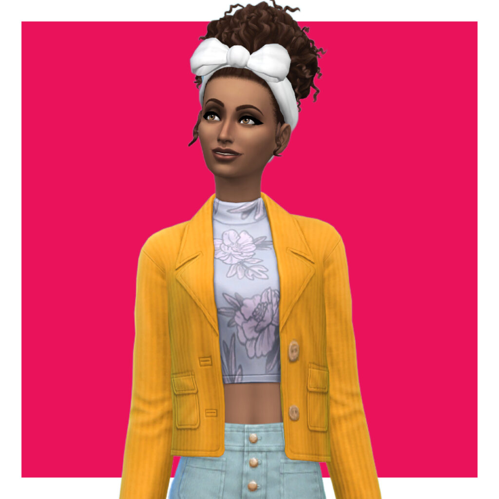 A sim wearing jeans, a crop top and a yellow jacket. They have their hair in a bun on top of their head with curls and a bright white bow.