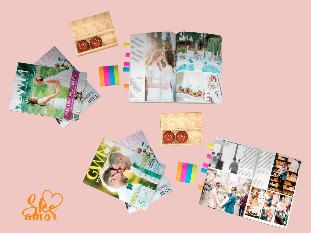 A light pink background with magazines hanging out on top. These magazines are for weddings and brides. 