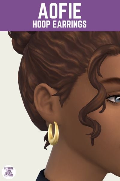 This is a product image for a pair of custom content earrings for the sims. At the top is a purple bar with white text that says "Aofie Hoop Earrings" and below that is a close up of a sim's ear with a large gold hoop earring 