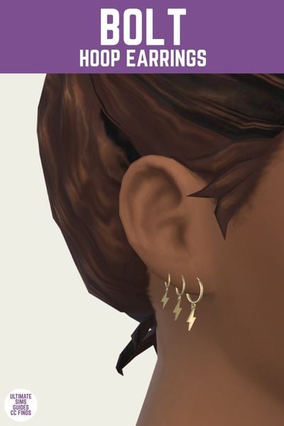 This is a product image for a pair of custom content earrings for the sims. At the top is a purple bar with white text that says 'bolt hoop earrings". Below is a sim's ear with three small hoop earrings with a lightning bolt coming down 