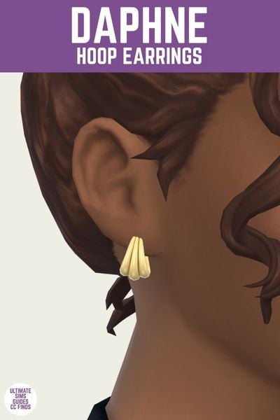This is a product image for a pair of custom content earrings for the sims. At the top is a purple bar with white text that says "Daphne Hoop Earrings" and below is a close up of a sim's ear with a scalloped hoop earring 