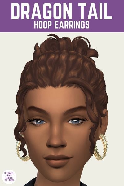 This is a product image for a pair of custom content earrings for the sims. At the top is a purple bar with white text that says "dragon tail hoop earrings". Below that is a sim who is wearing scale earrings in gold 