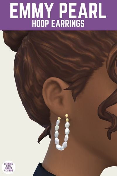 This is a product image for a pair of custom content earrings for the sims. At the top is a purple bar with white text that says "emmy pearl hoop earrings" and below that is a sim's ear close up with a hoop earring made of misshaped pearls 