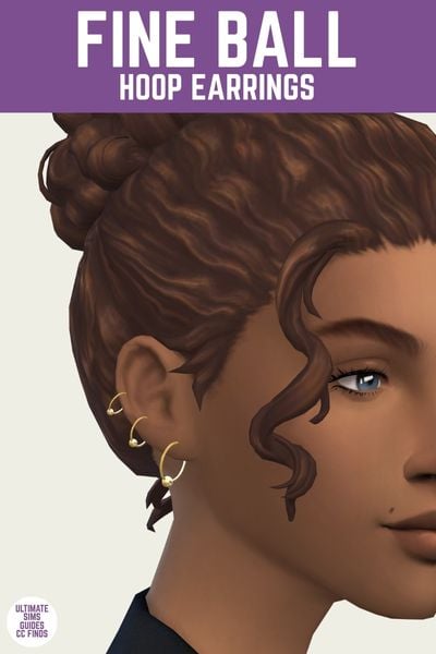 This is a product image for a pair of custom content earrings for the sims. At the top is a purple bar with white text that says "Fine ball earrings" in white and below is a sim's ear close up. They have three different hoop earrings with small balls on the side. 