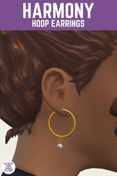 This is a product image for a pair of custom content earrings for the sims. At the top is a purple bar with white text that says "Harmony Hoop Earrings" and below is a close up of a sim's ear with a gold hoop earring with a small pearl coming down 