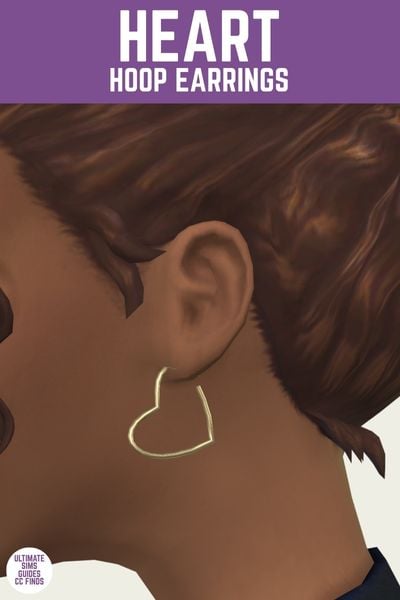 This is a product image for a pair of custom content earrings for the sims. At the top is a purple bar with white text that says "heart hoop earrings" and below that is a close up of a sim's ear with a gold heart shaped earring 