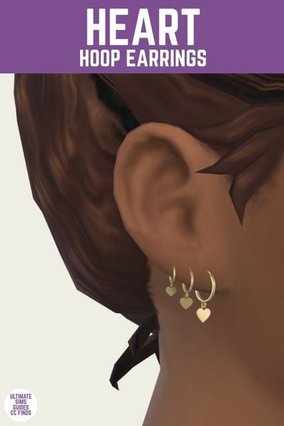 This is a product image for a pair of custom content earrings for the sims. At the top is a purple bar with white text that says "heart hoop earrings" with a close up of a sim's ear below with three small hoop earrings with heart charms 