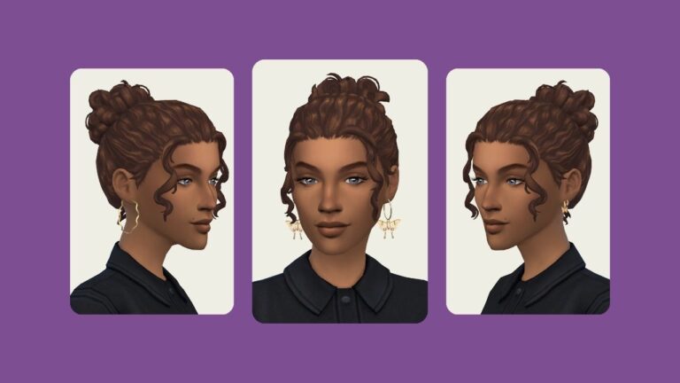 This image has a purple background with three rounded-edge rectangles. Inside the rectangles are sims posing in a black top with their earrings showing
