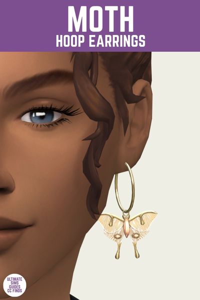This is a product image for a pair of custom content earrings for the sims. At the top is a purple bar with white text that says "Moth Hoop Earrings". Below is a large hoop earring with a moth shaped charm coming down 