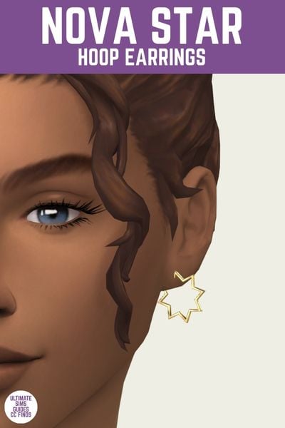 This is a product image for a pair of custom content earrings for the sims. At the top is a purple bar with white text that says "Nova Star Hoop Earrings". Below is a close up of a sim's ear with a hoop earring with spikes 