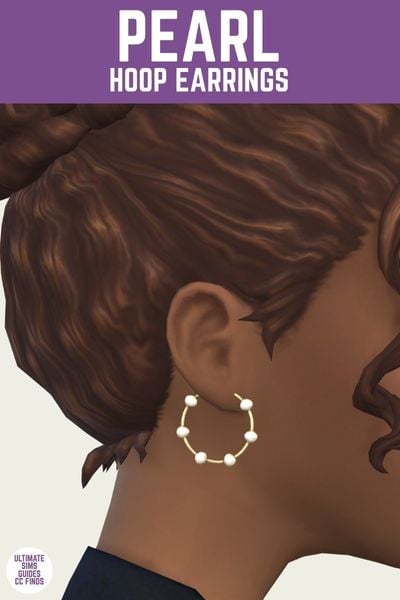 This is a product image for a pair of custom content earrings for the sims. At the top is a purple bar with white text that says "Pearl Hoop Earrings" and below is a close up of a sim's ear with a hoop earring with pearls on it 