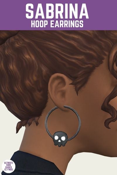This is a product image for a pair of custom content earrings for the sims. At the top is a purple bar with white text that says "Sabrina Hoop Earrings" and below is an image of a sim's ear with a large hoop earring in black with a skull at the bottom. 