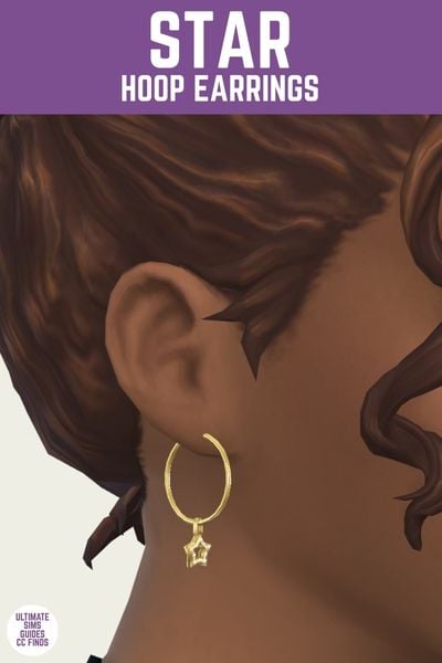This is a product image for a pair of custom content earrings for the sims. At the top is a purple bar with white text that says "Star Hoop Earrings" and below is a close up of a sim's ear with a hoop earring in gold with a star dangling down. 