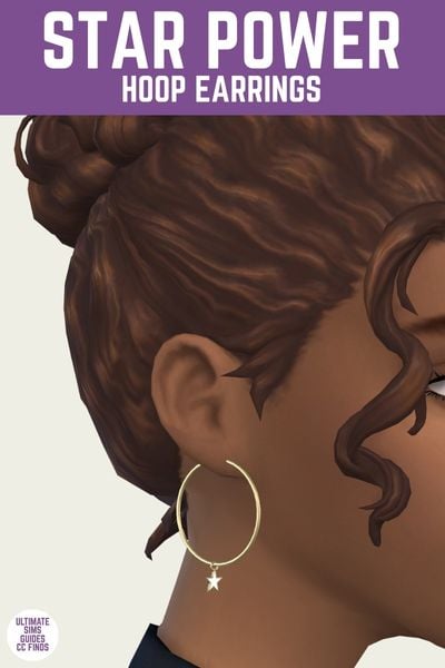 This is a product image for a pair of custom content earrings for the sims. At the top is a purple bar with white text that says "star power earrings" and below that is a close up of a sim's ear with a hoop earring and a small star at the bottom 