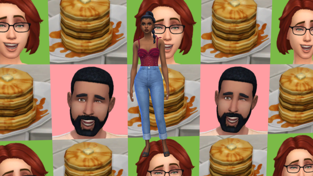 A sim in high waisted blue jeans and a red corset bodysuit with their hair in a braid. The CAS background for this image from The Sims 4 is a bunch of squares with either a stack of pancakes, or Bob or Eliza.