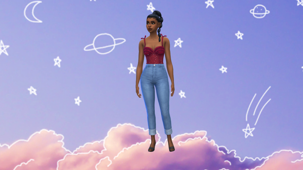 A sim in high waisted blue jeans and a red corset bodysuit with their hair in a braid. Behind this sim is a purple cas background with white drawn stars and planets and a pink cloud under their feet.
