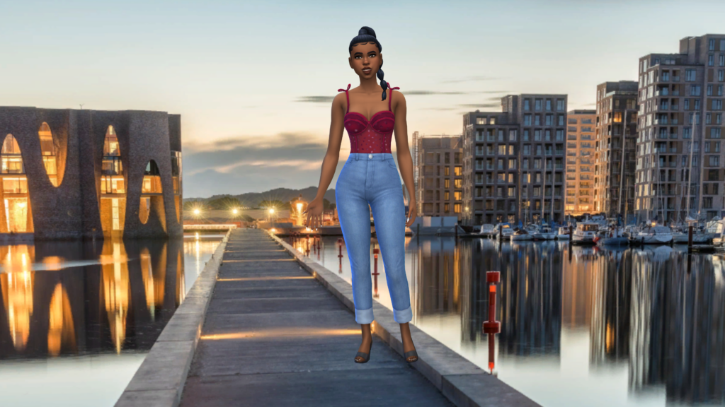 A sim in high waisted blue jeans and a red corset bodysuit with their hair in a braid. The sims 4 cas background for this sim is a city in norway and the sim is standing on a water dock.